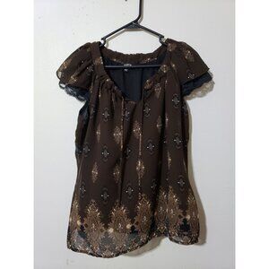 APT.9 brown, short sleeve, geometric pattern, sheer top with lining, size S